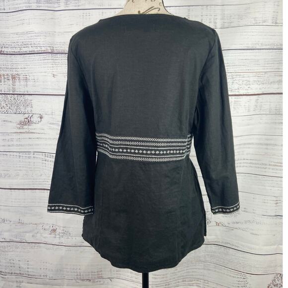 Geoffrey Beene Sport Linen Top Women 8 Black Embroider 3/4 Sleeve V Neck Stretch - Picture 4 of 10